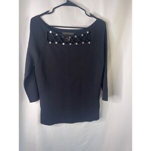Linda Matthews Black Knit Top Embellished Lace-Up Neckline 3/4 Sleeves Size M